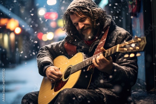 photograph of A homeless man wearing a hoodie happily plays guitar on a pedestrian street amidst passersby while snow falls