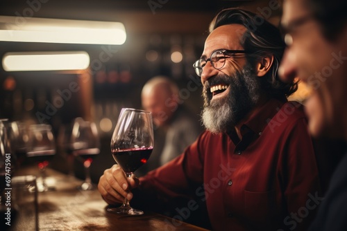 Image of a happy wine taster using his nose to smell the product from a wine glass. In the basement with the tank in the background photo