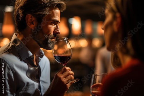 Image of a happy wine taster using his nose to smell the product from a wine glass. In the basement with the tank in the background