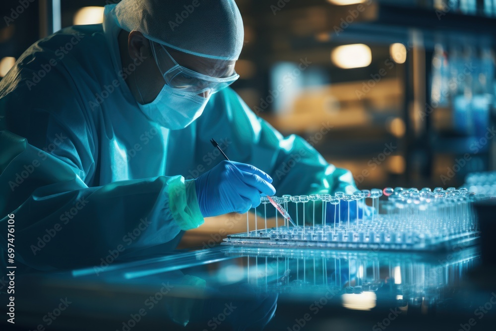 Doctor or technician lab in blue gloves uses pipette transfer samples DNA testing Doctor or technician lab in blue gloves uses pipette transfer samples DNA testing