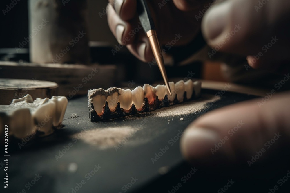 The process of bonding ceramic veneers onto teeth using cement. Generative AI - obrazy, fototapety, plakaty 
