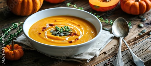 Traditional autumn food: Pumpkin cream soup in white bowl with seeds.
