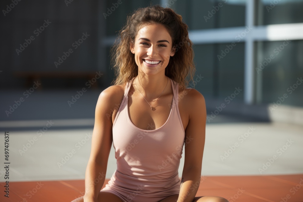 Women smiling happy performing fitness workout on a yoga mat, wearing yoga suit captured in a full-body siting on concrete floor Women smiling happy performing fitness workout on a yoga mat, wearing yoga suit captured in a full-body siting on concrete floor