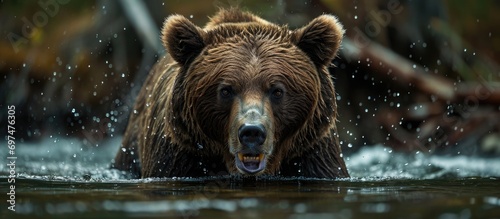 Grizzly bear growling in water at camera. photo