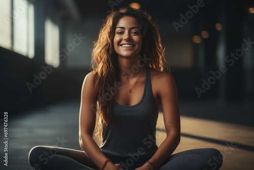 Women smiling happy performing fitness workout on a yoga mat, wearing yoga suit captured in a full-body siting on concrete floor