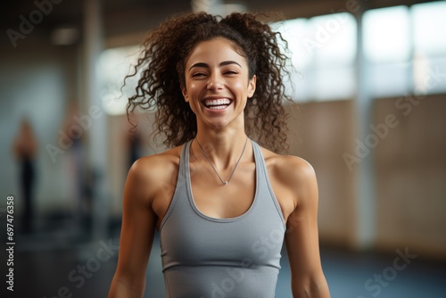 Free Download Women smiling happy performing fitness workout on a yoga mat, wearing yoga suit captured in a full-body siting on concrete floor - GFXLoad