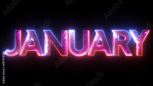 Glowing colorful light neon text month of January . Abstract glowing January month text neon light effect background animation. 3d illustration rendering photo