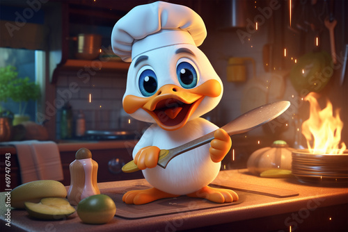 3D character illustration of duck chef in the kitchen photo
