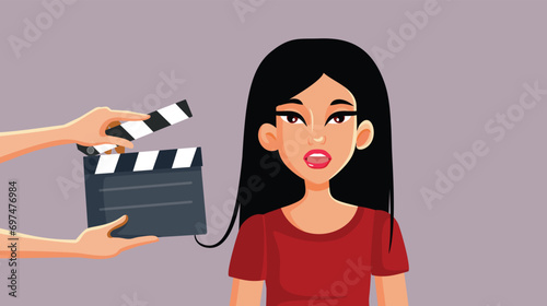 
Happy Actress Filming a Korean Drama Vector Illustration
Cheerful female actor feeling happy emotions in a motion picture role 
