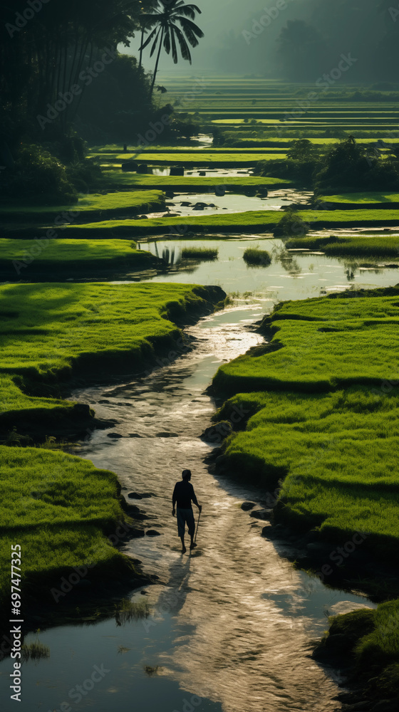 Naklejka premium person walking on the river
