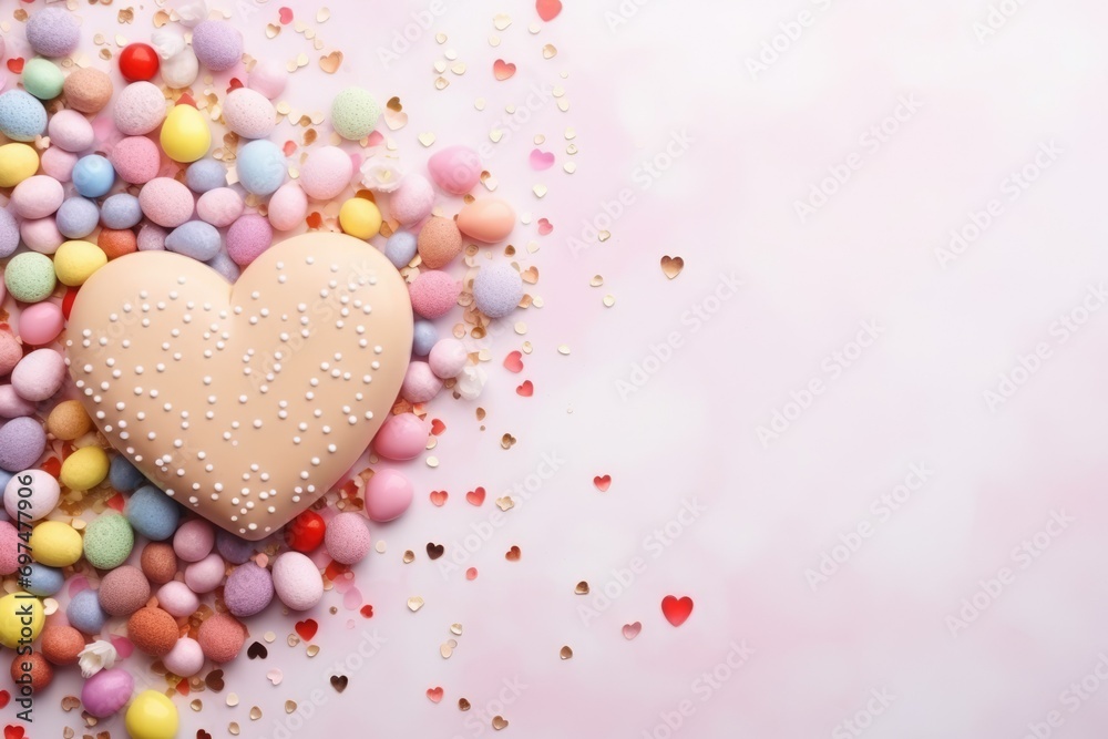 Pink background with free space. Cake in the shape of a heart. Easter eggs. background. Spring mood. Banner. confetti