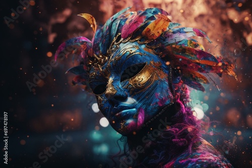 Venetian mask carnival colorful splash art masquerade mardi gras illustration. Generative AI © Emrys