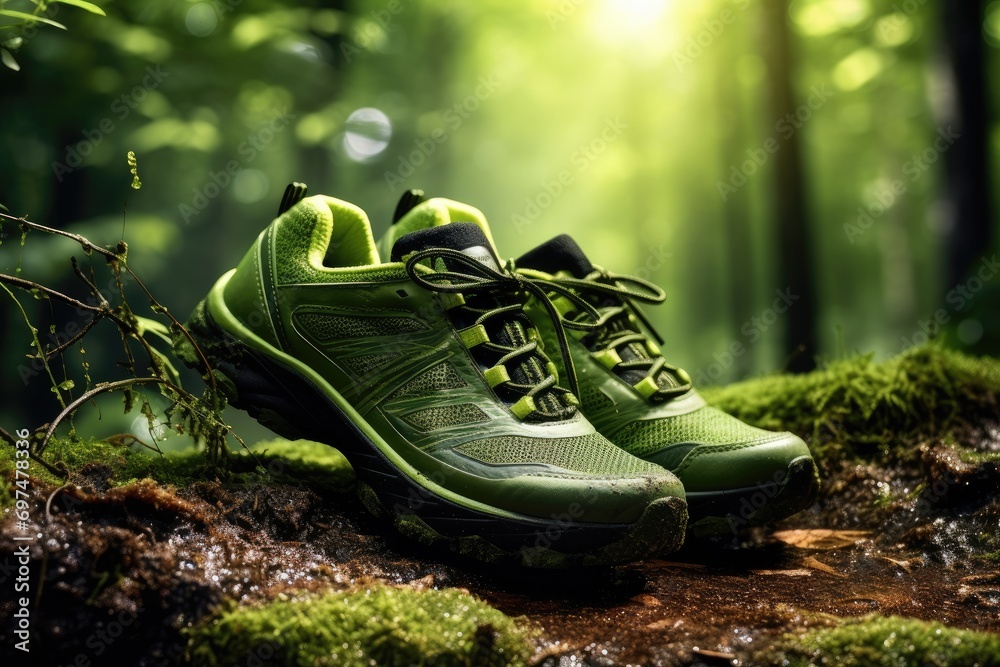Hiking shoes in the forest. Sport and healthy lifestyle concept, Environmentally friendly shoes, Running outdoors in nature concept, AI Generated - obrazy, fototapety, plakaty 