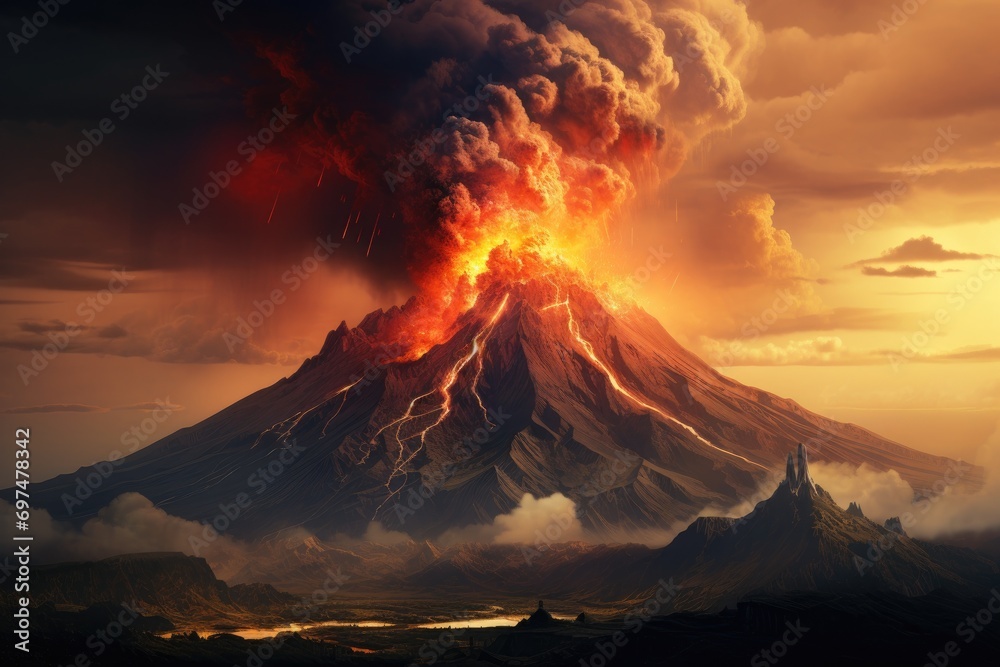 Volcanic eruption in the background of the volcano. 3d rendering, Eruption of the Tolbachik volcano, AI Generated - obrazy, fototapety, plakaty 
