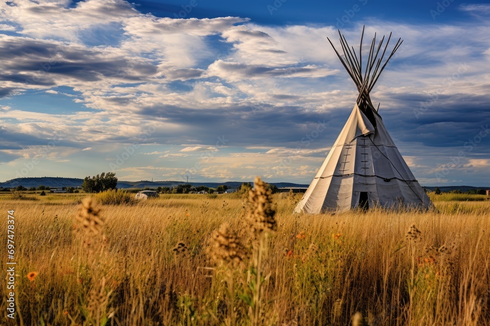 Tribal teepee in the prairie at sunset, South Dakota, First Nations