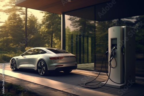 Electric car charging at the charging station. 3d rendering image, Electric car charging station, Sustainable transportation and charging solutions for a greener world, AI Generated