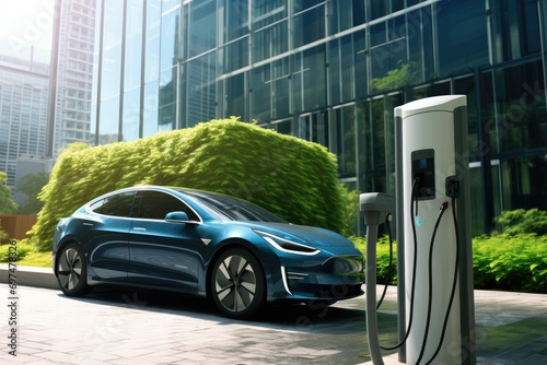 Electric car charging in a modern city. 3d rendering toned image, Electric car charging station, Sustainable transportation and charging solutions for a greener world, AI Generated