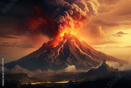 Volcanic eruption in the background of the volcano. 3d rendering, Eruption of the Tolbachik volcano, AI Generated