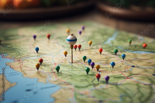 Map of the european continent with pins. Travel concept, Find your way, Location marking with a pin on a map with routes, AI Generated photo