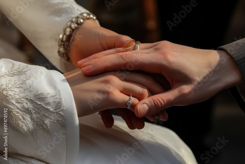 bride and groom holding hands on wedding day, close-up, Giving of the wedding ring, a close-up of the hand, AI Generated