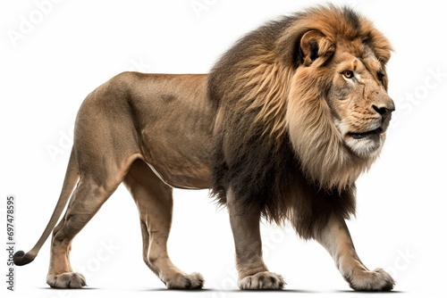 Side view of a male lion looking back  isolated on white. Generative AI