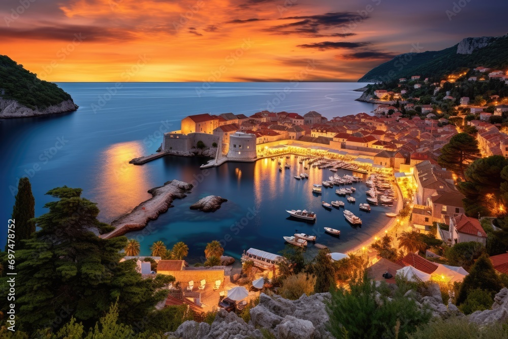 Dubrovnik Croatia at sunset. Adriatic sea and old town, Dubrovnik, Croatia, Beautiful romantic old town of Dubrovnik during sunset, AI Generated