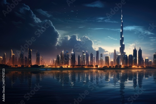 Dubai skyline at sunset, United Arab Emirates, Middle East, Dubai skyline in the evening, AI Generated