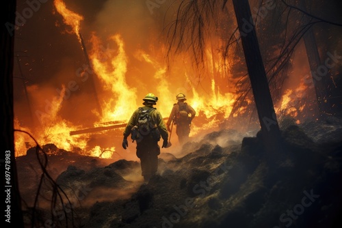 Firefighters fighting a fire in the forest. 3D rendering, Firefighters battling a wildfire, AI Generated © Ifti Digital