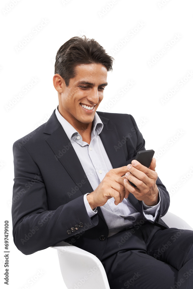 Man, smartphone and business communication with email, scroll online or internet search on white background. Social media, mobile app for professional research and reading information on website