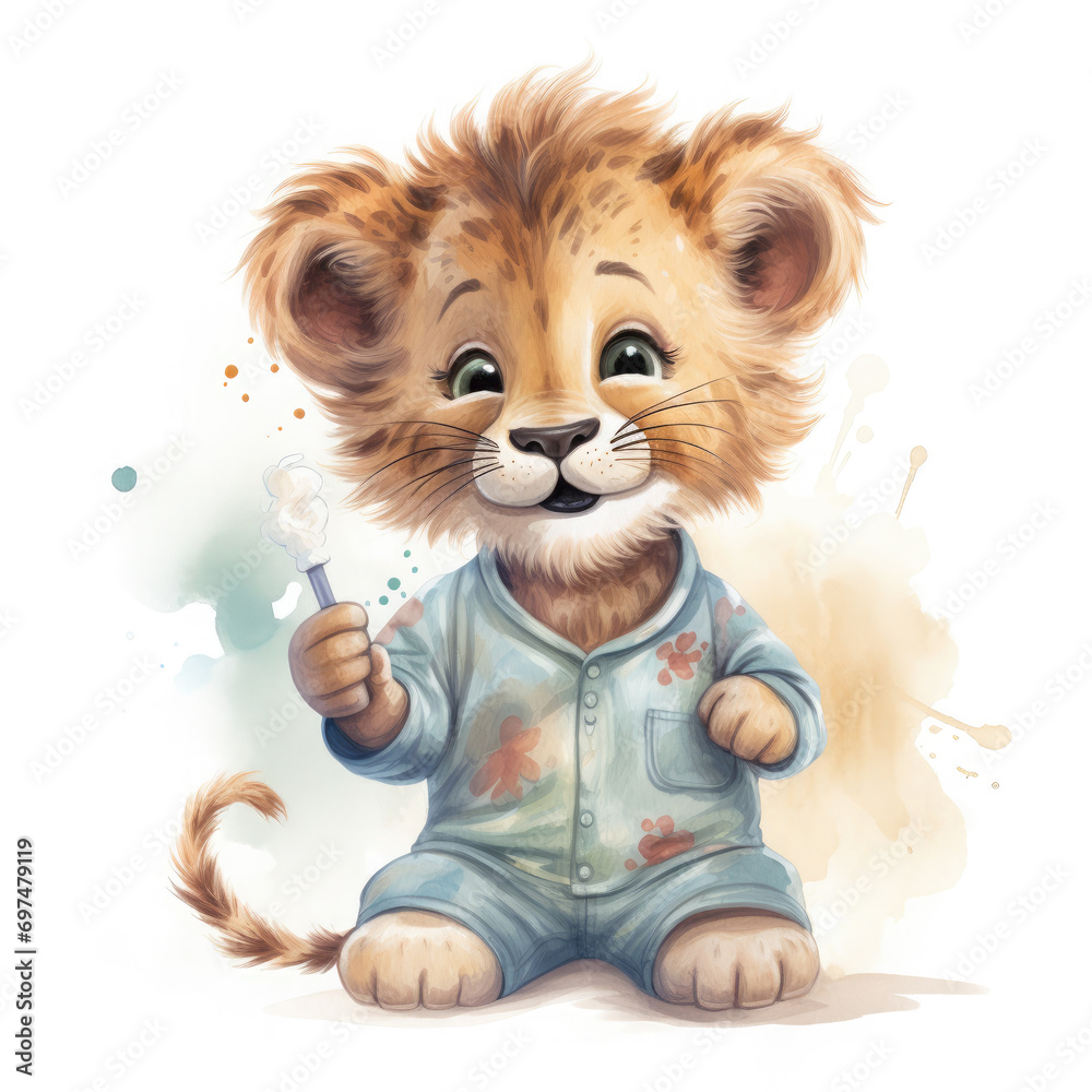 Baby lion bedtime wearing pajama and holding tooth brush Illustration, Generative Ai Baby lion bedtime wearing pajama and holding tooth brush Illustration, Generative Ai
