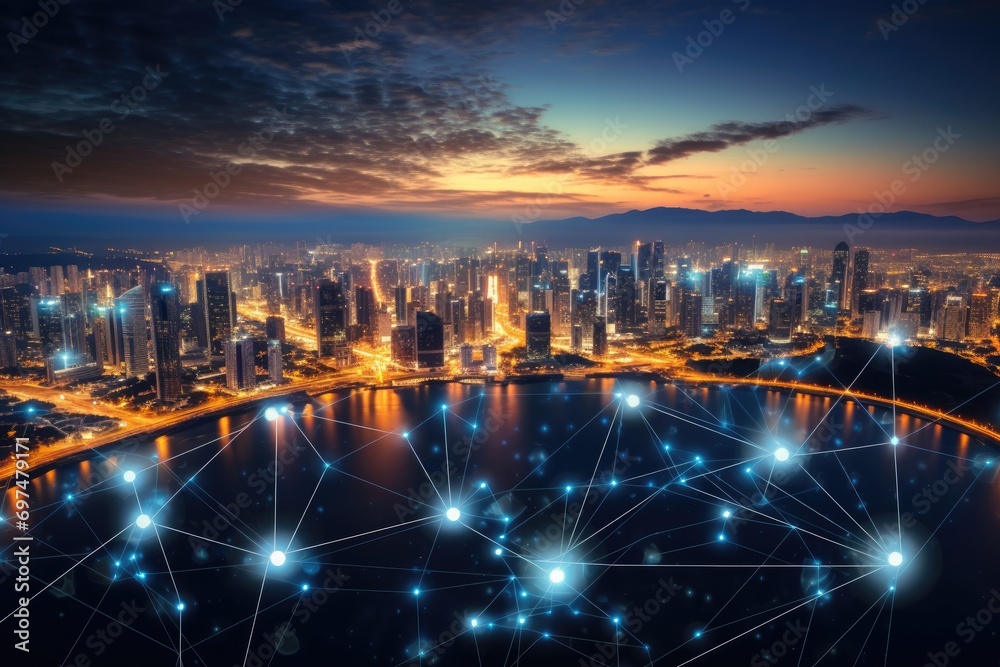 Smart city and wireless communication network over the city at night. Global network connection concept, Global network connection and the internet of things IoT concept, AI Generated