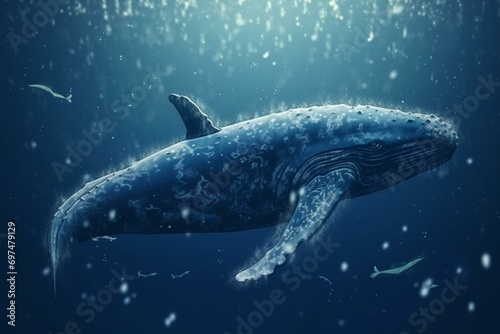 The blue whale in the particular wintertime in the sky with the flowers around. Generative AI