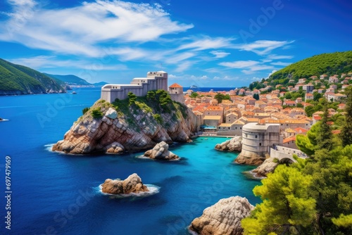 Dubrovnik old town on the Adriatic Sea in Croatia, General view of Dubrovnik - Fortresses Lovrijenac and Bokar seen, AI Generated photo