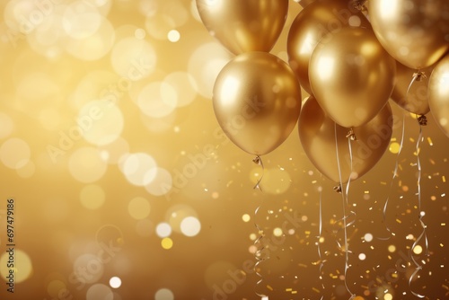 Golden balloons on golden bokeh background. 3D Rendering, Golden balloons and confetti on a golden background, presented in 3D rendering, AI Generated