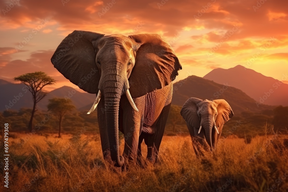 Elephants in Amboseli National Park, Kenya, Africa, Elephants crossing the Olifant River, evening shot, Kruger National Park, AI Generated