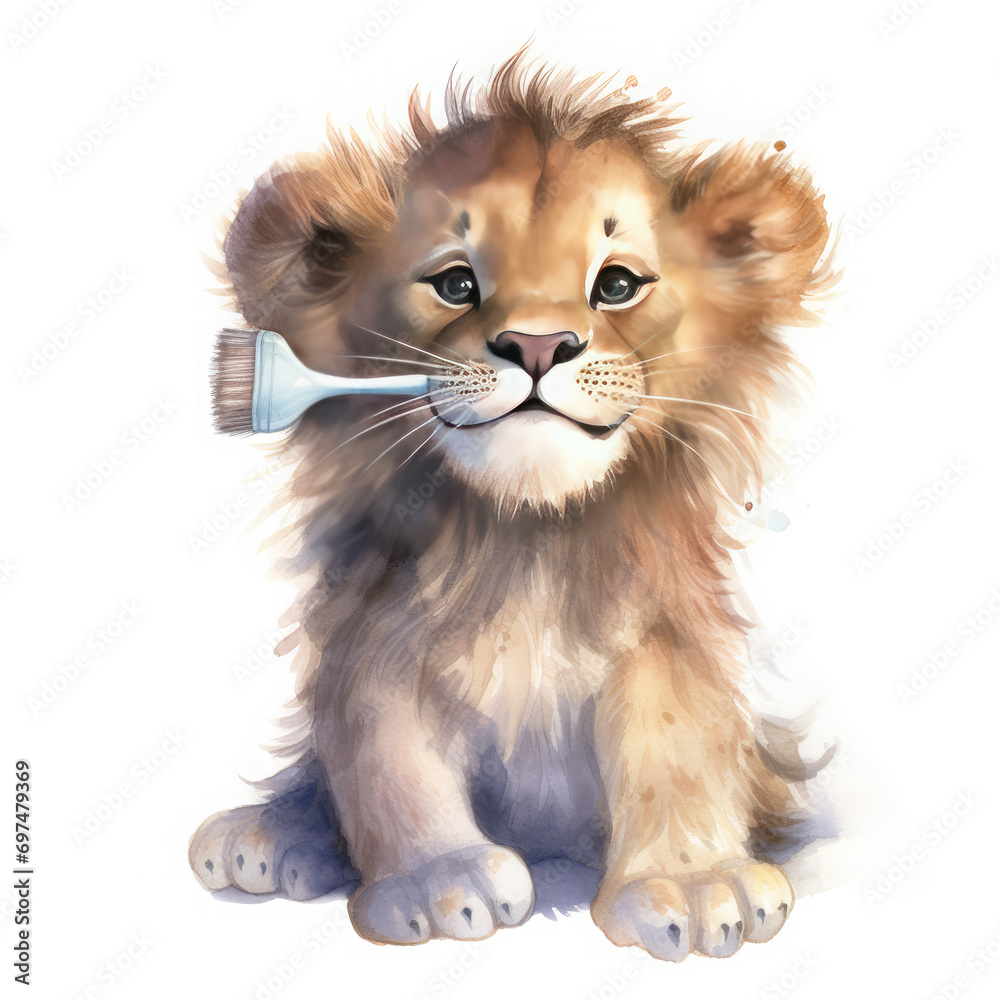 Baby lion bedtime wearing pajama and holding tooth brush Illustration, Generative Ai Baby lion bedtime wearing pajama and holding tooth brush Illustration, Generative Ai