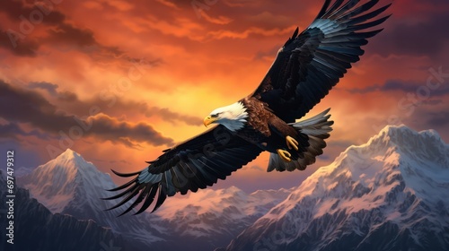 Eagle Flying with Background of Sunrise