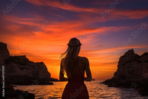 Silhouette of a girl in a red dress on the beach at sunset, Epic red sunset in Cala Llentrisca with a model, Ibiza, AI Generated photo