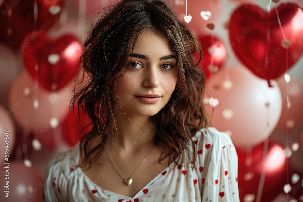 A beautiful young woman in a Valentine's Day decorated room with heart balloons. Generative AI. A beautiful young woman in a Valentine's Day decorated room with heart balloons. Generative AI.