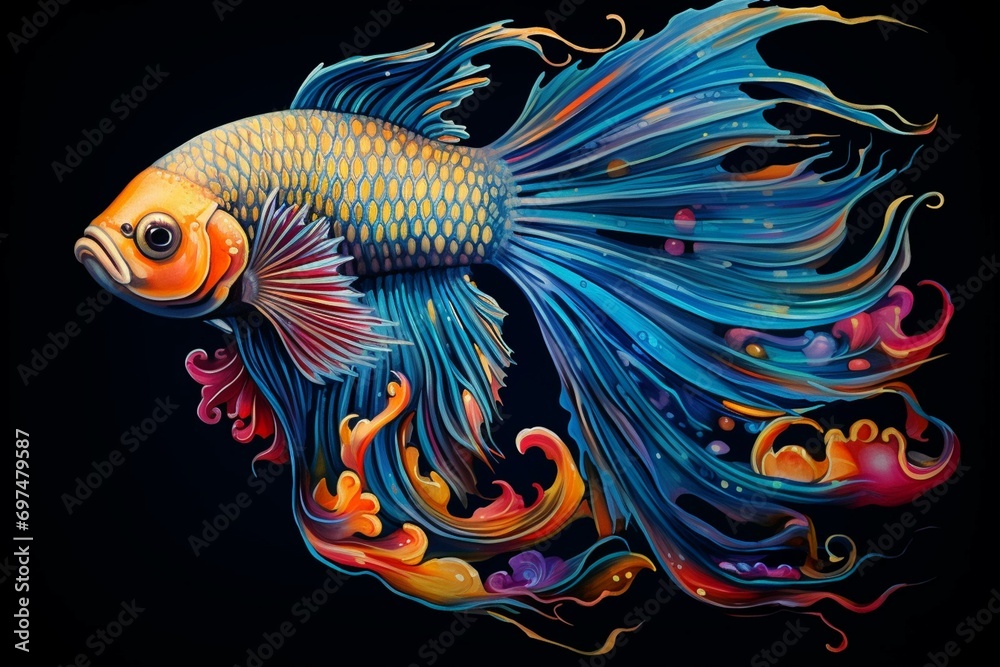 Imaginative colorful artwork portraying the beauty and strength of a fighting fish. Generative AI