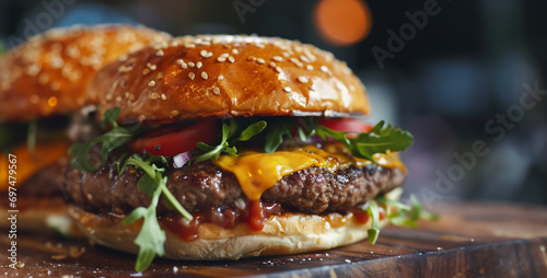 close up of a hamburger 4k, hamburger on a plate photo