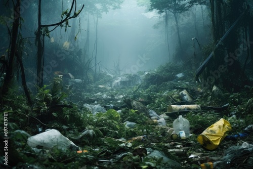 Garbage in the forest  pollution of the environment  nature concept  Garbage pile in the forest among plants  Toxic plastic into nature everywhere  AI Generated