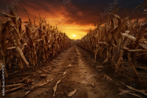 Dry corn field in sunset, 3d rendering. Computer digital drawing, Drought in a cornfield, AI Generated photo
