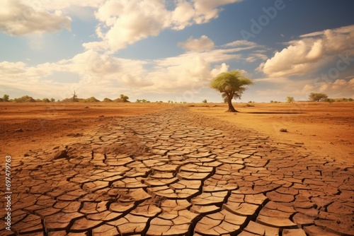 Dry and cracked earth with dry tree in the background, Namibia, Drought land and hot weather, AI Generated