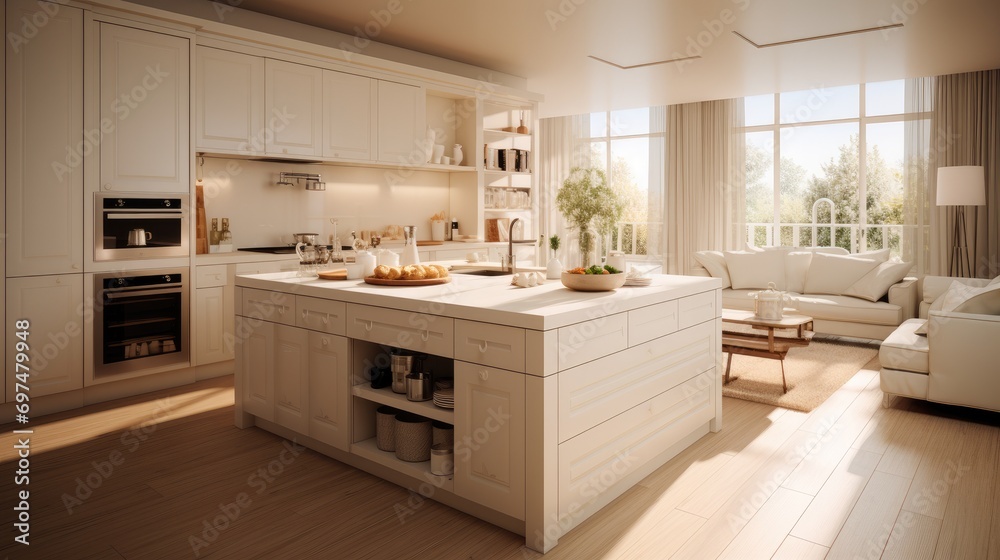 Interior design which including kitchen Create with shades of light cream color. Generative AI.