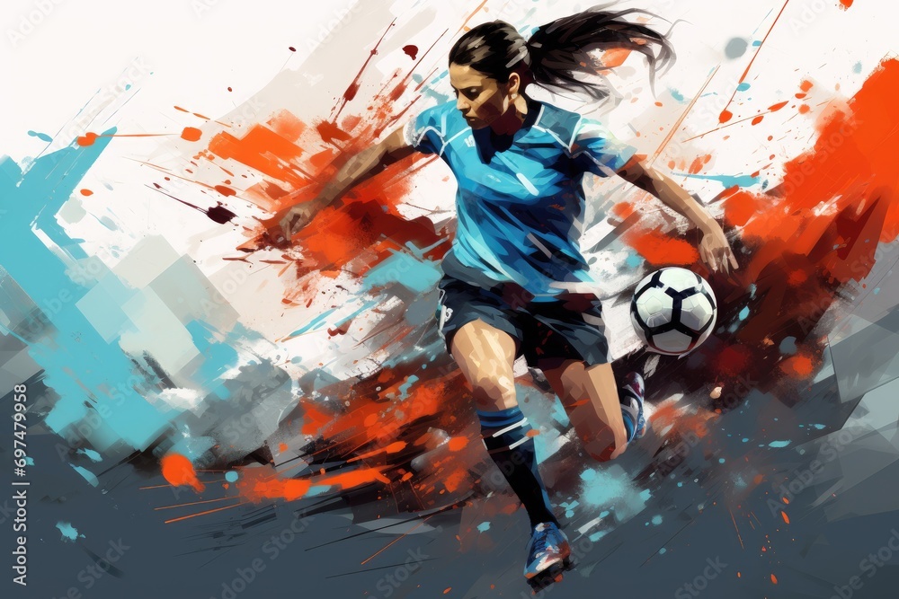 Digital illustration of a soccer player jumping with the ball against a grunge background, Expressive abstract illustration of a female soccer player in action, AI Generated - obrazy, fototapety, plakaty 