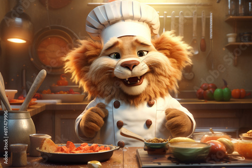 illustration of 3D character of lion chef cooking in the kitchen photo