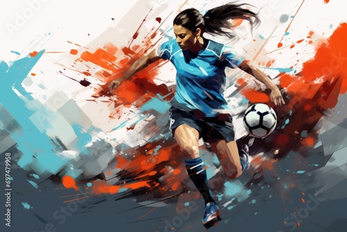 Digital illustration of a soccer player jumping with the ball against a grunge background, Expressive abstract illustration of a female soccer player in action, AI Generated © Ifti Digital