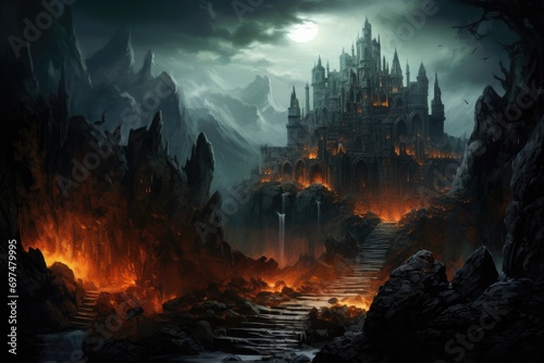 Fantasy landscape with spooky castle in the middle of the forest, Fantasy Landscape Game Art, AI Generated © Ifti Digital