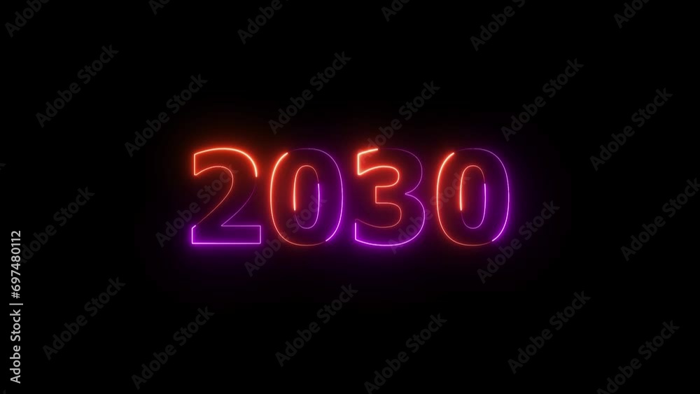 2030 neon text animation, Glowing neon sign in purple red colors . 2030 neon text animation, Glowing neon sign in purple red colors .